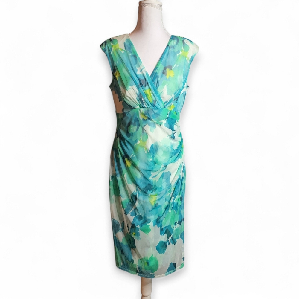 Blue Green Floral Sheath Dress Surplice V-Neck Ruched Waist Size 10